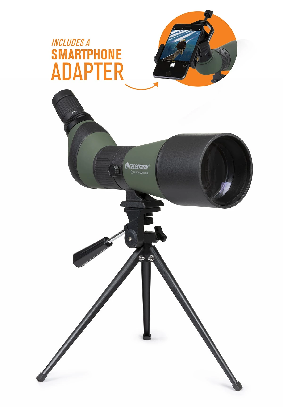 Celestron LandScout 20-60x80mm Angled Zoom Spotting Scope With Table-top Tripod And Smartphone Adapter